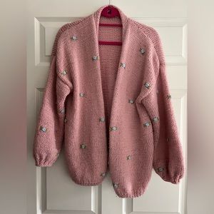 Fanm Mon Rose Bud cardigan - EUC, dusty rose with blue buds - one size 100% wool